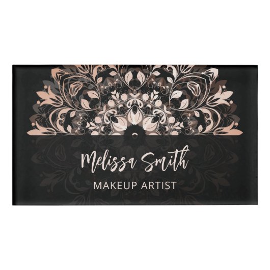 QR-Code | Rose Gold Black Floral Mandala Namenschild (Vorderseite)