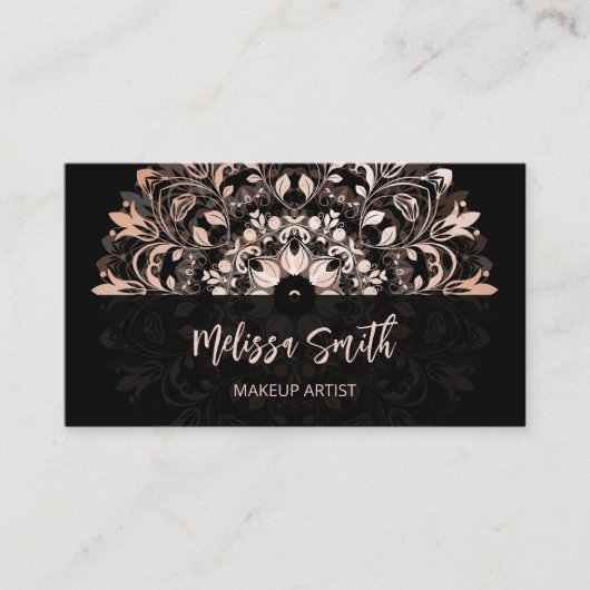 QR-Code | Rose Gold Black Floral Mandala Visitenkarte (Vorderseite)