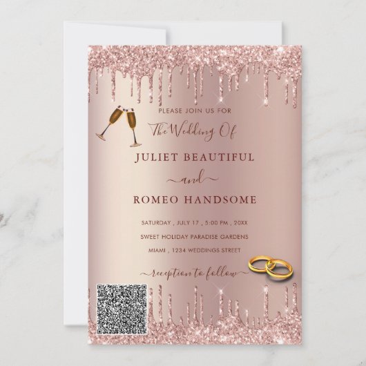 QR Code Rose Gold Blush Tropfen Hochzeit Einladung (Vorderseite)