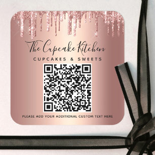 QR-Code Rose Gold Glitter-Tropfen Skript Geschäft Quadratischer Aufkleber