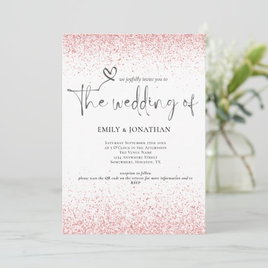 QR Code Rose Gold Glitzer Borders Wedding Einladung (Stehend Vorderseite)