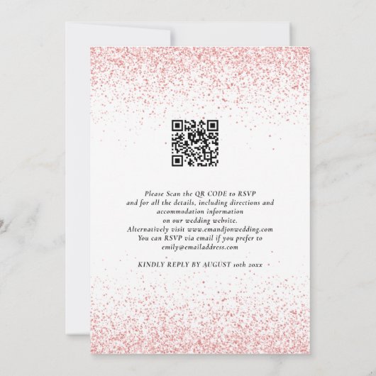 QR Code Rose Gold Glitzer Borders Wedding Einladung (Rückseite)