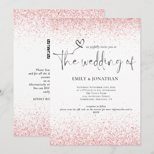 QR Code Rose Gold Glitzer Borders Wedding Einladung (Vorne/Hinten)