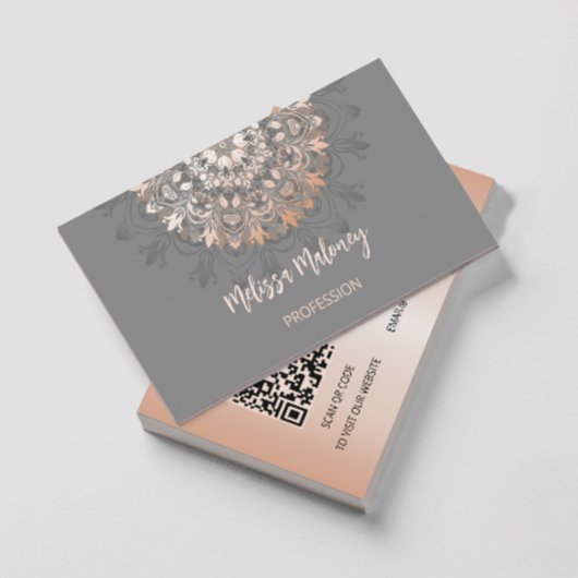 QR-Code | Rose Gold Gray Floral Mandala Visitenkarte