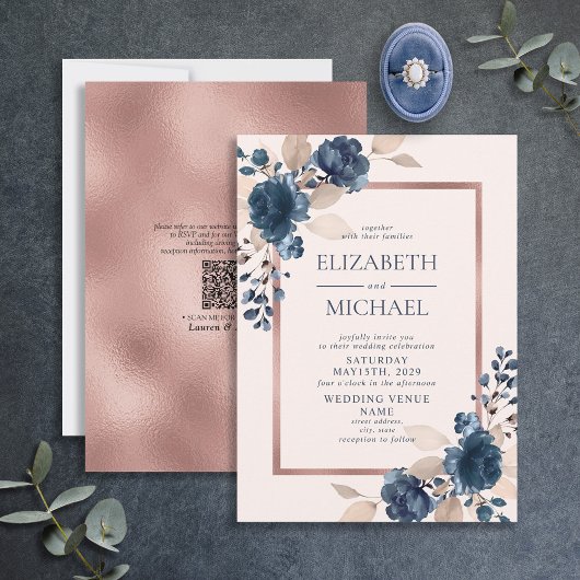 QR Code Rose Gold Navy Blue Dusty Pink Floral Einladung