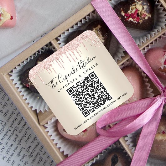 QR-Code Rose Rosa Glitzer Tropfen Gold Firmenname Quadratischer Aufkleber