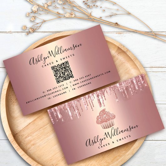 QR-Code-Roségold-Cupcake-Glitter-Drips-Bäckerei Visitenkarte