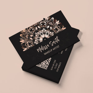 QR-Code   Roségold Schwarzes florales Mandala Visitenkarte