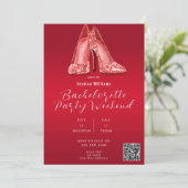 QR CODE Rote Glitter Schuhe Junggesellinnenabschie Einladung (Stehend Vorderseite)