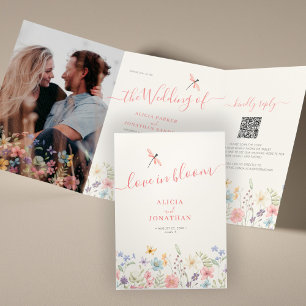 QR-Code RSVP alles in einem florale Hochzeit Dreifach Gefaltete Einladung