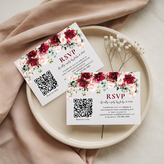 QR Code RSVP Card Burgundy Blush Floral Wedding Karte