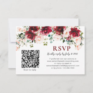 QR-Code-RSVP-Karte Burgunder-Rosa-Blüten-Hochzeit RSVP Karte