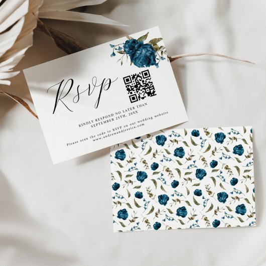 QR-Code RSVP-Karte für Hochzeiten von Navy Blue Fl RSVP Karte