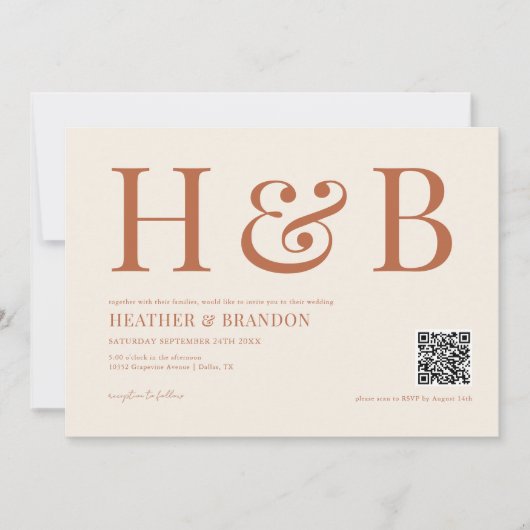QR Code Rust Monogram Wedding Einladung (Vorderseite)