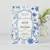 QR-Code Rustic Blue Wildblume Hochzeit Einladung (Stehend Vorderseite)