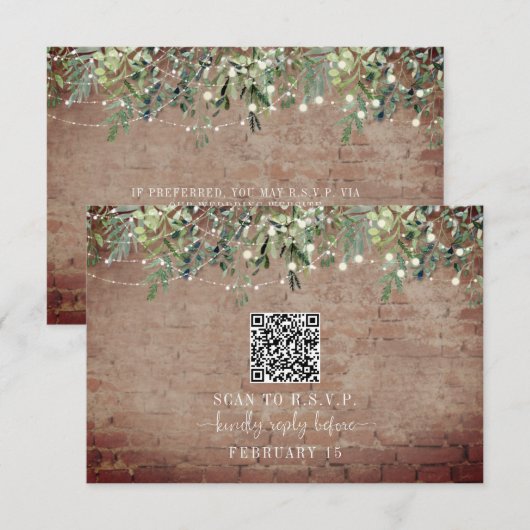 QR Code Rustic Brick Botanical Wedding RSVP Karte (Vorne/Hinten)