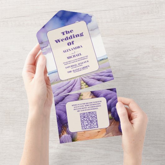 QR Code Rustic Lavender Wedding All In One Einladung (Abreißen)