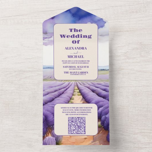 QR Code Rustic Lavender Wedding All In One Einladung (Innen Boden)