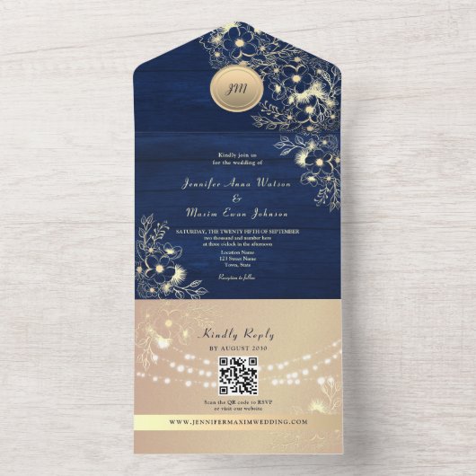 QR Code Rustic Navy Rose Gold Wedding All In One Einladung (Innen Boden)