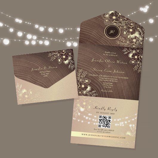 QR Code Rustic Wood Rose Gold Wedding All In One Einladung