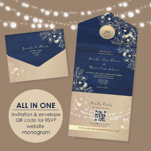 QR-Code Rustikal Navy Roségold Hochzeit All In One Einladung