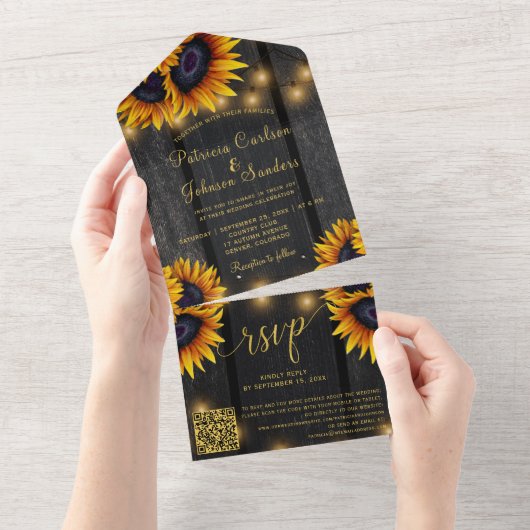 QR-Code rustikale Goldblume Stallenholz Hochzeit All In One Einladung (Abreißen)