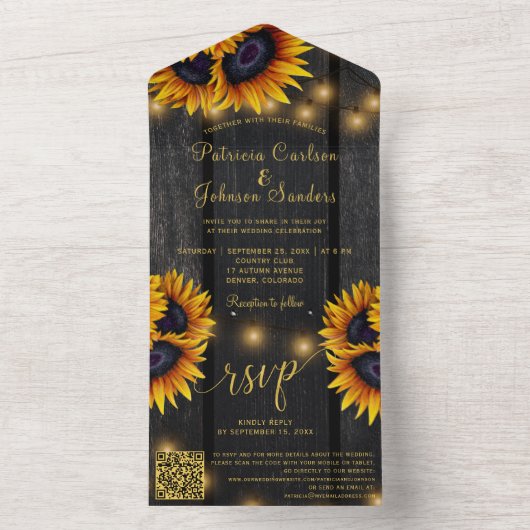 QR-Code rustikale Goldblume Stallenholz Hochzeit All In One Einladung (Innen Boden)