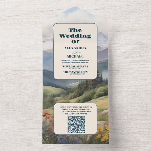 QR Code Rustikale Hochzeit auf den Bergen All In One Einladung (Innen Boden)