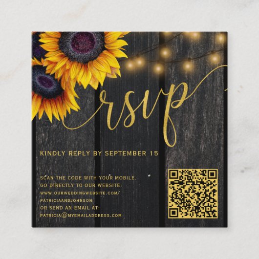 QR-Code rustikale Sonnenblumenholzhochzeit RSVP Begleitkarte (Vorderseite)