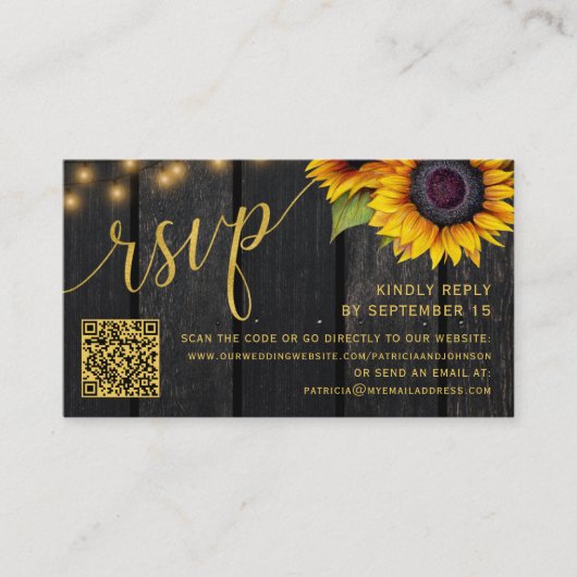 QR-Code rustikale Sonnenblumenschick Hochzeit RSVP Begleitkarte (Vorderseite)