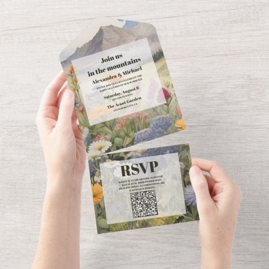 QR Code Rustikaler Bergwald Evergreen Hochzeit All In One Einladung (Abreißen)