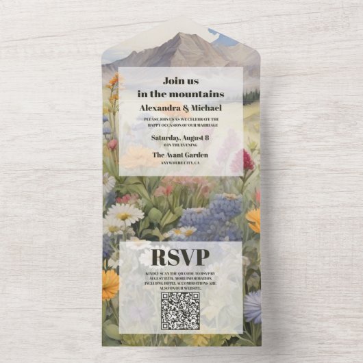 QR Code Rustikaler Bergwald Evergreen Hochzeit All In One Einladung (Innen Boden)