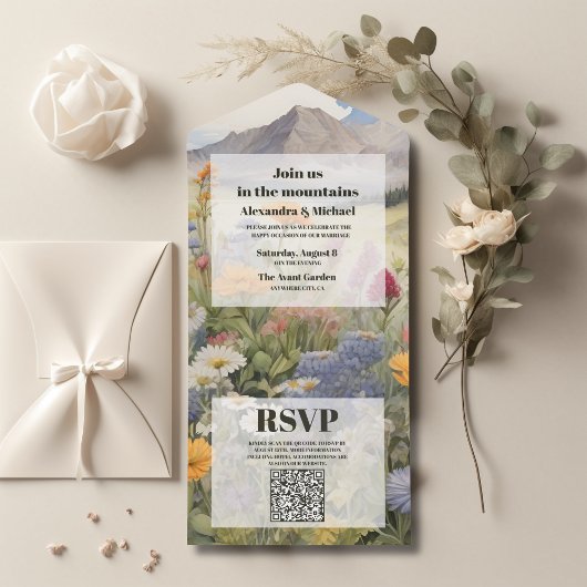 QR Code Rustikaler Bergwald Evergreen Hochzeit All In One Einladung