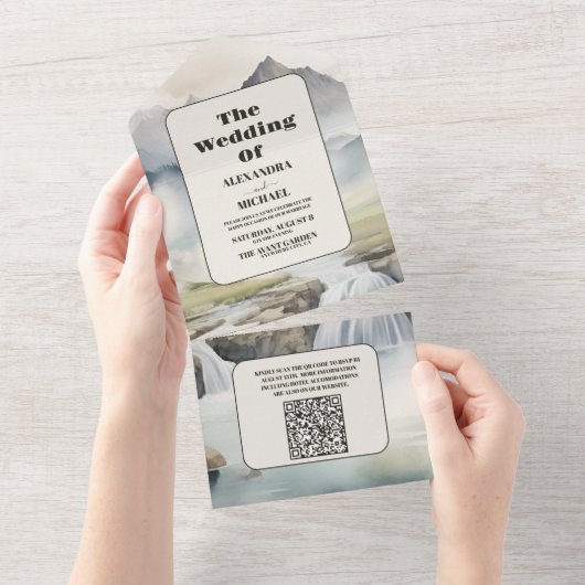 QR Code Rustikales Gebirgswasser Boho Hochzeit All In One Einladung (Abreißen)