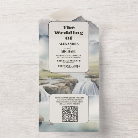 QR Code Rustikales Gebirgswasser Boho Hochzeit All In One Einladung (Innen Boden)