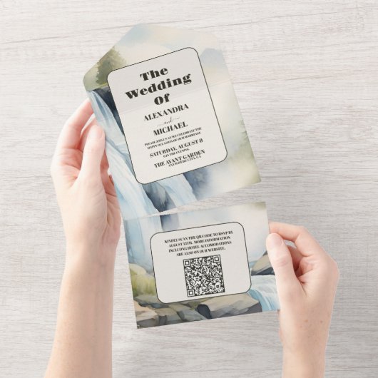 QR Code Rustikales Gebirgswasser Boho Hochzeit All In One Einladung (Abreißen)