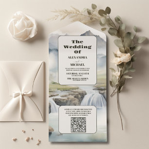 QR Code Rustikales Gebirgswasser Boho Hochzeit All In One Einladung