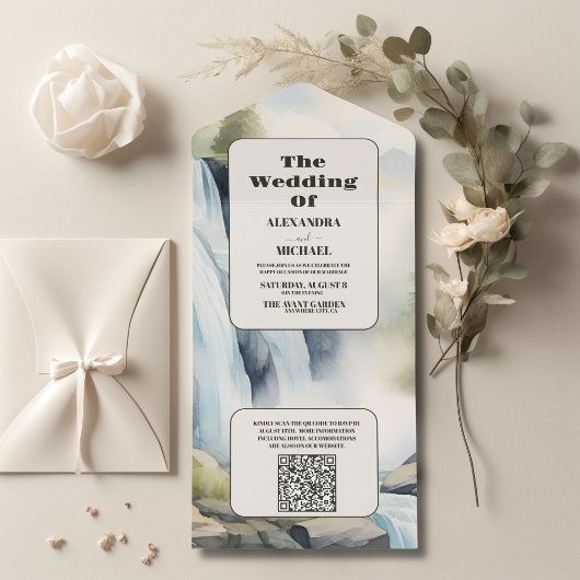 QR Code Rustikales Gebirgswasser Boho Hochzeit All In One Einladung