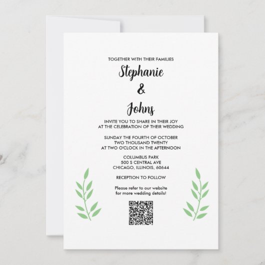 QR Code Sage Green Blätter Black Script Hochzeit Einladung (Vorderseite)