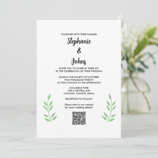 QR Code Sage Green Blätter Black Script Hochzeit Einladung (Stehend Vorderseite)