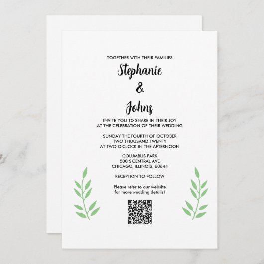 QR Code Sage Green Blätter Black Script Hochzeit Einladung (Vorne/Hinten)