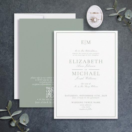 QR Code Sage Green Classic Script Monogram Wedding Einladung