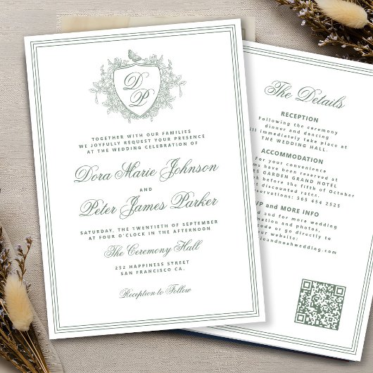 QR code sage green crest monogram wedding Einladung