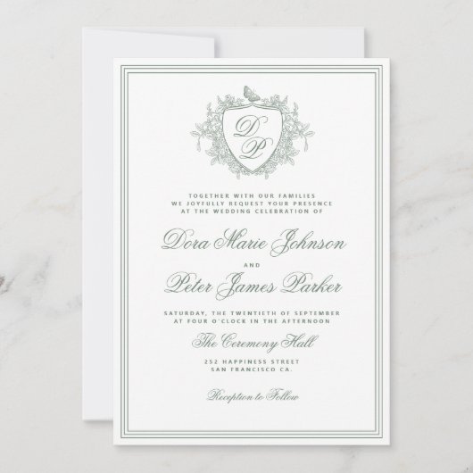 QR code sage green crest monogram wedding Einladung (Vorderseite)
