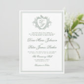 QR code sage green crest monogram wedding Einladung (Stehend Vorderseite)