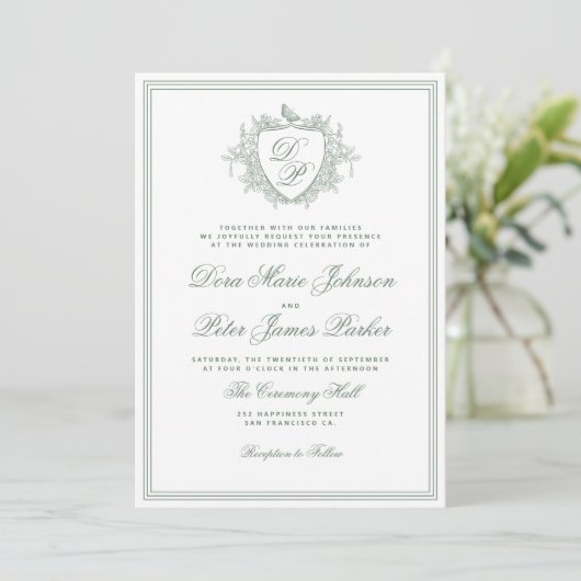 QR code sage green crest monogram wedding Einladung (Stehend Vorderseite)