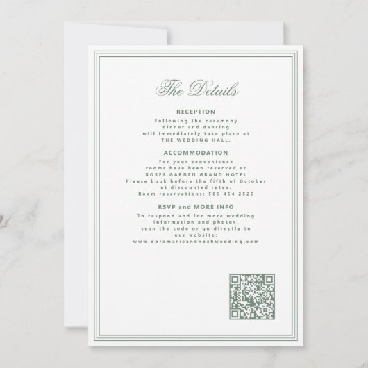 QR code sage green crest monogram wedding Einladung (Rückseite)