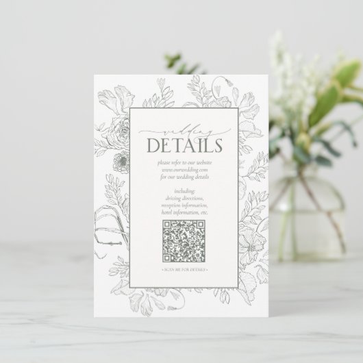 QR-Code Sage Green Floral Wedding Details Begleitkarte (Stehend Vorderseite)