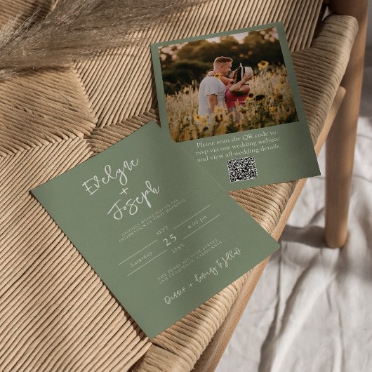 QR Code Sage Green Foto Boho Moderne Hochzeit Einladung