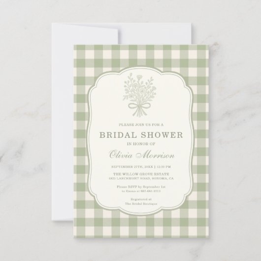 QR Code Sage Green Gingham Floral Bridal Shower Einladung (Vorderseite)